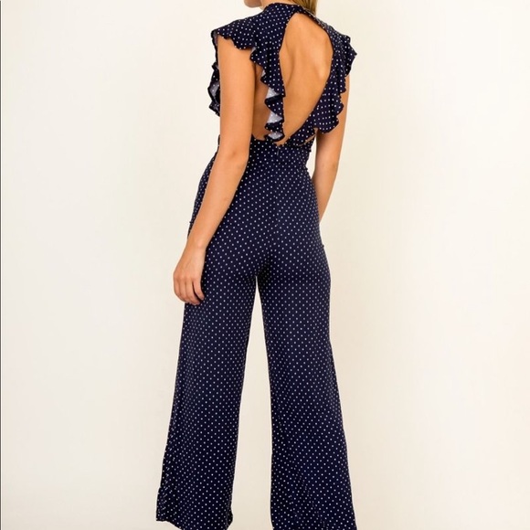 OLIVACEOUS | navy blue polka dot jumpsuit with open back - Picture 2 of 9